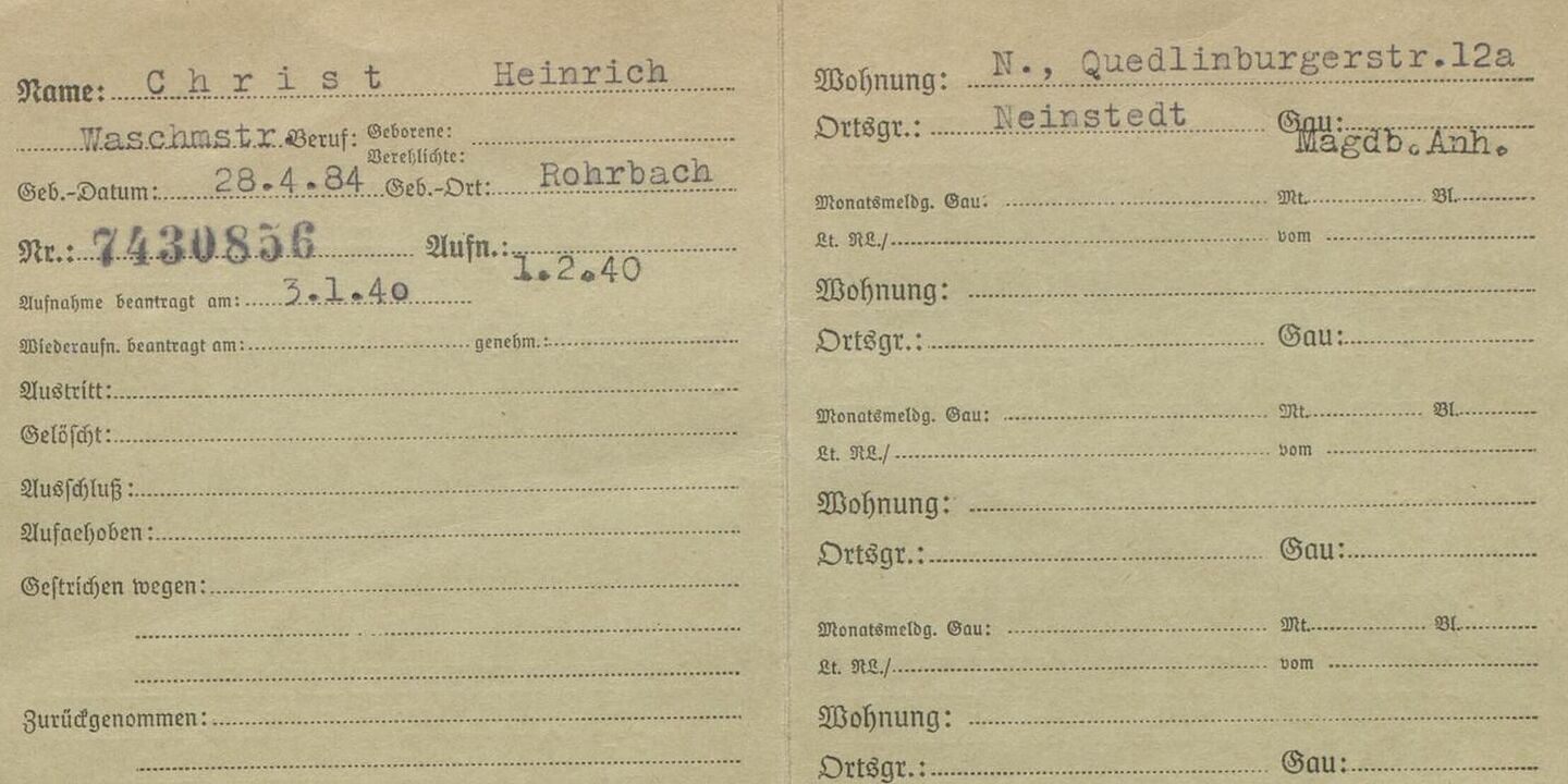 NSDAP-Zentralkarteikarte von Heinrich Christ NSDAP-Zentralkarteikarte von Heinrich Christ, Quelle:
Bundesarchiv, R 9361-VIII KARTEI/5100211