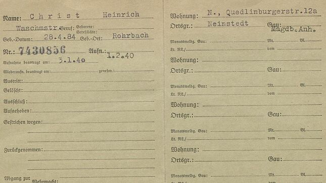 NSDAP-Zentralkarteikarte von Heinrich Christ