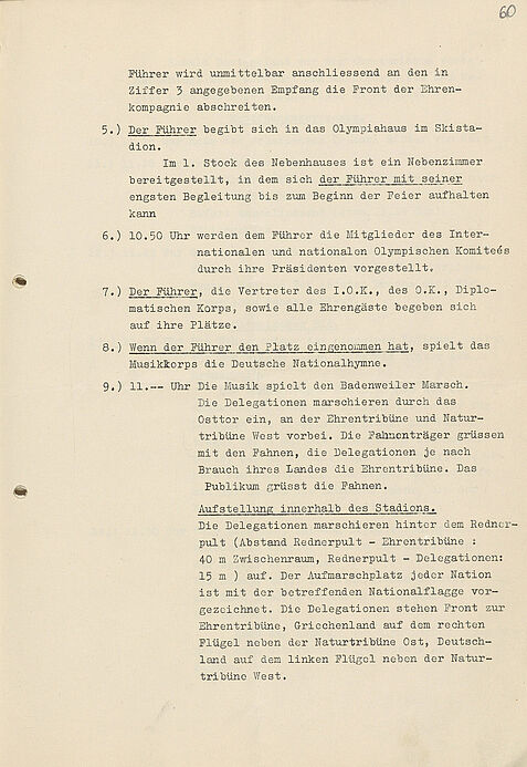 Ablaufplan der Eröffnungsfeier der Olympischen Winterspiele in Garmisch-Partenkirchen am 5. Februar 1936 aus Sicht des Reichssicherheitsdienstes, der für den Personenschutz Adolf Hitler zuständig war