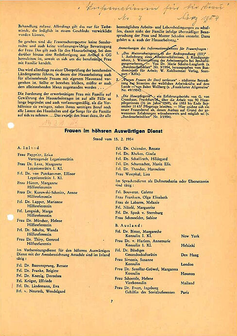 Frauen im höheren Auswärtigen Dienst, Stand 15.2.1954