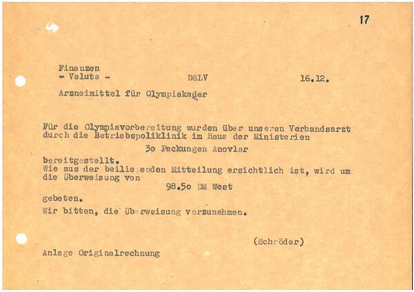 Unscheinbare Aufforderung zur Ueberweisung von 98.50 DM für die Beschaffung der Anti-Baby-Pille Anvolar durch die Betriebspoliklinik im Haus der Ministerien, 1963