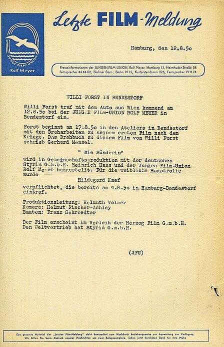 Pressemitteilung der Jungen Film-Union zu den Dreharbeiten für „Die Sünderin“ mit Hildegard Knef, 12. August 1950 Maschinengeschriebener Text auf farbigem offiziellem Kopfbogen mit Firmenlogo
