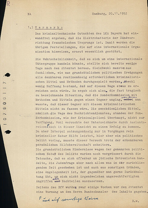 Maschinengeschriebenes Dokument mit handschriftlichen Korrekturen und Ergänzungen