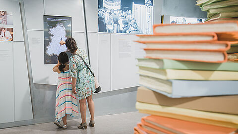 Im Vordergrund befindet sich ein Aktenstapel. Im Hintergund bedienen Besucher die Medienstationen.