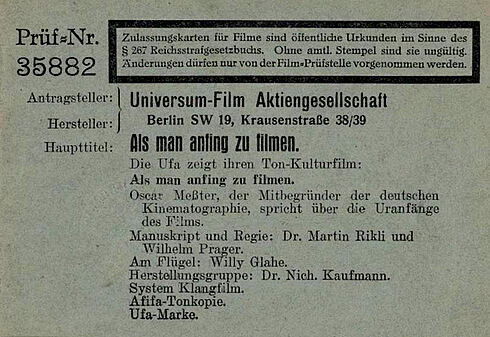 Zensurkarte mit den Angaben zum Film „Als man anfing zu filmen“.