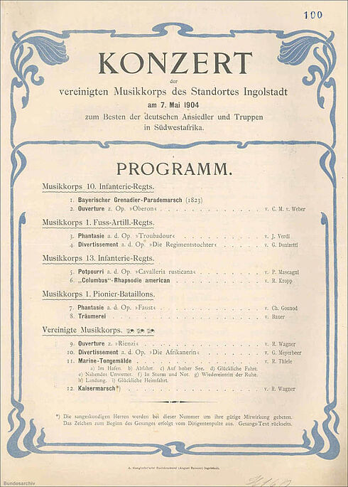 „... zum Besten der deutschen Ansiedler und Truppen in Südwestafrika ...“, Programm des Konzerts des vereinigten Musikkorps des Standortes Ingolstadt