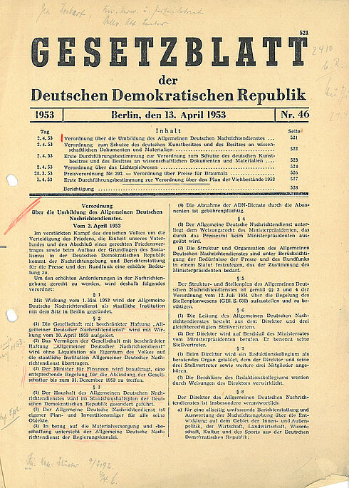 Verordnung über die Umbildung des Allgemeinen Deutschen Nachrichtendienstes, 02.04.1953 Maschinell erstelltes Schriftgut