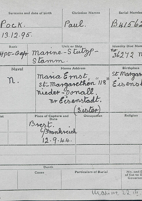 Beispiel eines Personalblattes des Prisoners of War Information Bureau für einen Heeresangehörigen: P.W.I.B. Form 2 (Paul Pock) Vorderseite