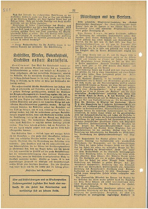 Artikel zur Haushaltung mit Vorräten zu Kriegszeiten, 1917