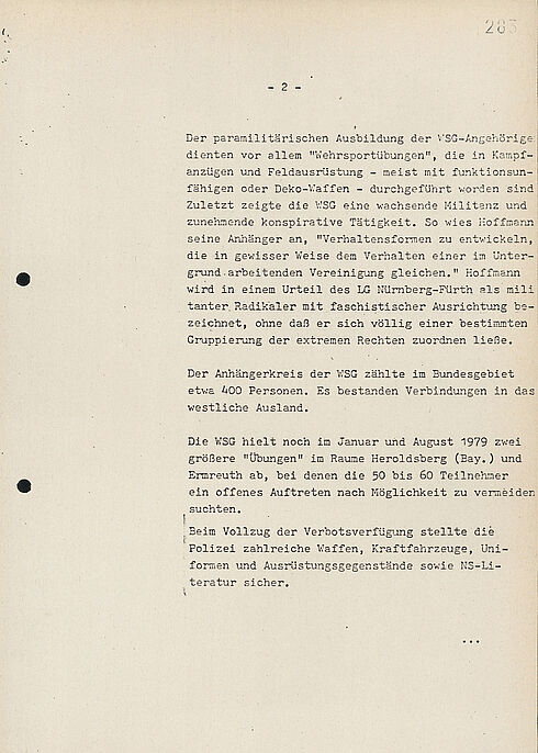 Die Anlage listet alle bekannten Informationen der Wehrsportgruppe Hoffmann auf inklusive rechtlicher Maßnahmen gegen die Gruppe.