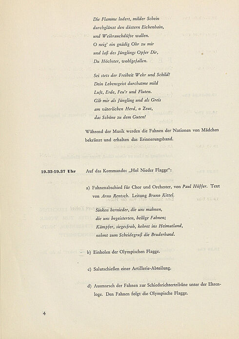 Anweisungen für die Schlussfeier der Olympischen Sommerspiele in Berlin am 16. August 1936
