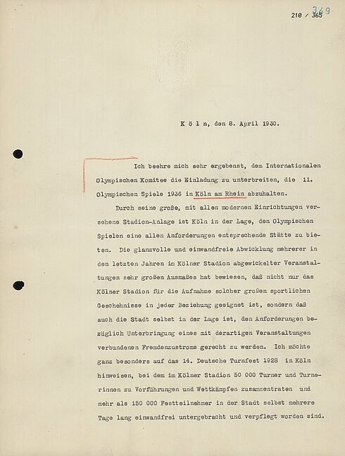 Abschrift der offiziellen Bewerbung der Stadt Köln um die Olympischen Spiele 1936 vom 8. April 1930. Das Original wurde an das Internationale Olympische Komitee in Lausanne gesendet, die vorliegende Abschrift an Theodor Lewald, den Präsidenten des Deutschen Reichsausschuss für Leibesübungen. (Seite 2)