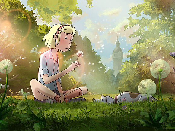 Auf dem Bild ist die Zeichentrickfigur Fritzi und ihr Hund abgebildet. Sie sitzen auf einer grünen Wiese.