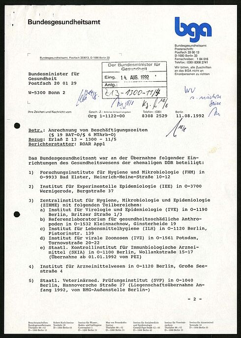 Erste Seite zur Beteiligung des Bundesgesundheitsamtes an der Übernahme von Einrichtungen des Gesundheitswesens der DDR, 1992
