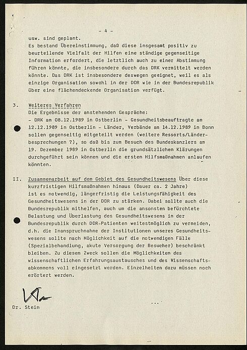 Vierte Seite der Ergebnisse des Arbeitsgesprächs der Beauftragten nach dem Gesundheitsabkommen zur humanitären Hilfe in der DDR, 1989