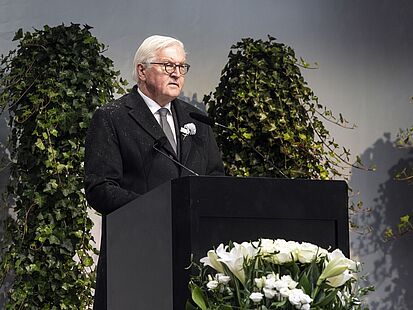 Frank-Walter Steinmeier steht an einem Rednerpult und spricht.