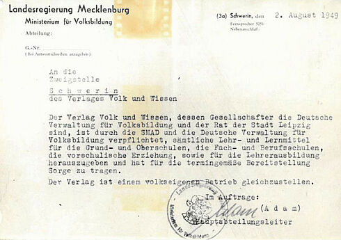 Auftrag des Volk und Wissen Verlages für die Herausgabe von Lehr- und Lernmitteln vom 02.08.1949 Maschinell erstelltes Schriftgut