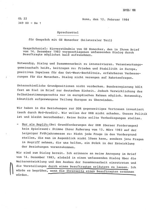 maschinenschriftlicher Sprechzettel von Helmut Kohl für sein Gespräch mit Erich Honecker