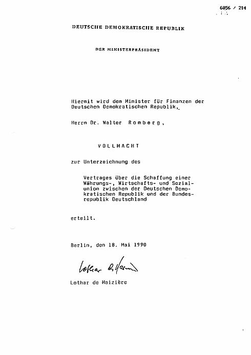 Bevollmächtigung für Dr. Walter Romberg zur Unterzeichnung der Währungs-, Wirtschafts- und Sozialunion zwischen der DDR und der BRD