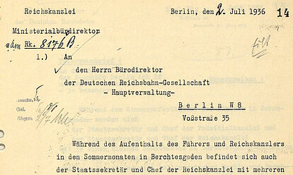 Schriftgut über den Transport von Akten in die „Kleine Reichskanzlei“, Juni 1936.