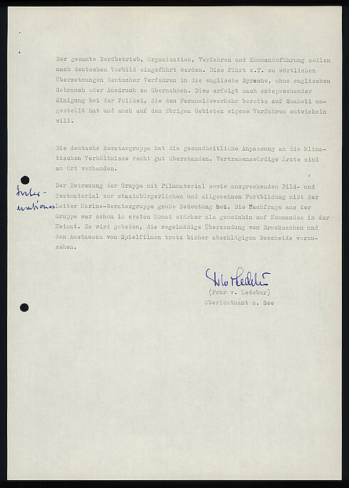 Maschinenschriftliches Dokument mit handschriftlicher Ergänzung und Unterschrift