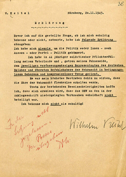 Abgebildet ist eine Erklärung von Wilhelm Keitel, in der er sich nicht schuldig im Sinne der Anklage bekennt.