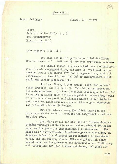 Schreiben von Piero Puricelli an Willy Hof vom 3. Dezember 1937 (Seite 1)