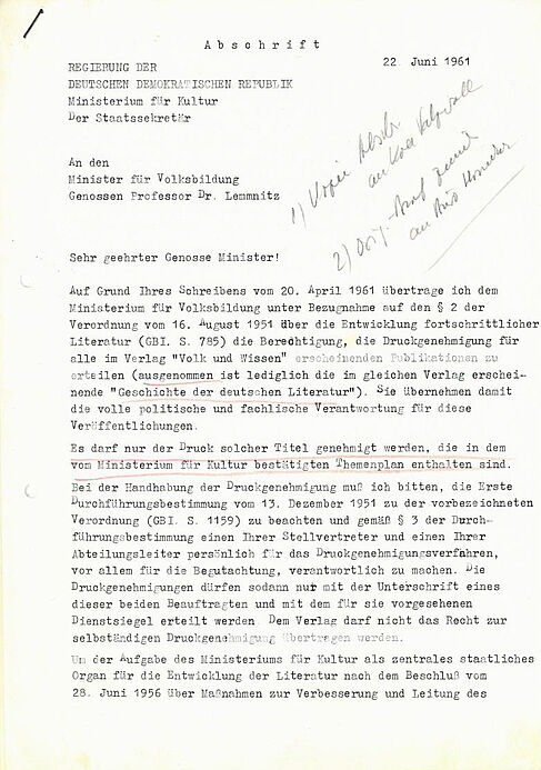 Übertragung der Druckgenehmigung des Ministeriums für Kultur an das Ministerium für Volksbildung vom 22.06.1961 Maschinell erstelltes Schriftgut