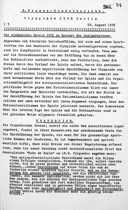 Presse-Sonderbericht zu den Olympischen Spielen in Berlin vom 20. August 1936