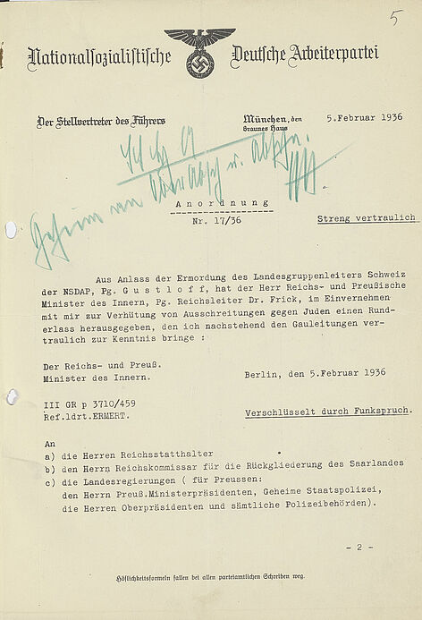 Anordnung von Rudolf Heß zur Verhütung von Ausschreitungen aus Anlass der Ermordung von Wilhelm Gustloff