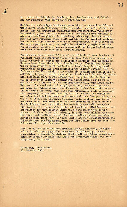 Das Dokument erklärt die Beweismethodik und die Vorstellung gesammelter Beweise vor Gericht für den Nürnberger Prozess.