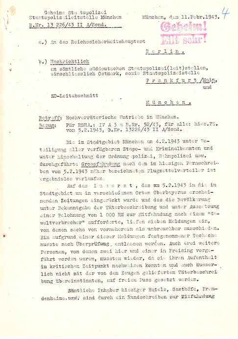 Rundschreiben der Staatspolizeileitstelle München an das Reichssicherheitshauptamt sowie an alle süddeutschen Staatspolizeileitstellen vom 11.02.1943, Seite 1