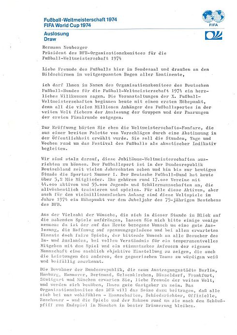 Rede des Präsidenten des WM-Organisationskomitees Hermann Neuberger, 5. Januar 1974 maschinentextliches Redemanuskript der Ansprache Hermann Neubergers auf einem Briefkopf der FIFA