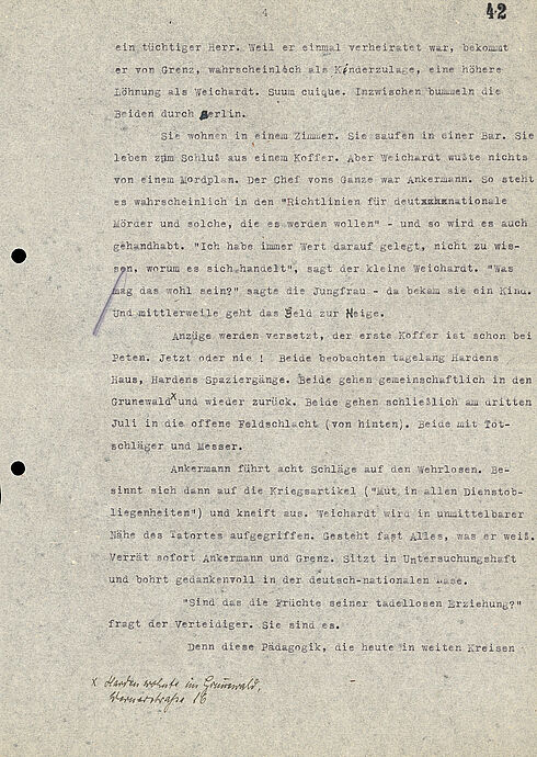 maschinengeschriebenes Dokument mit handschriftlichen Korrekturen und Ergänzungen