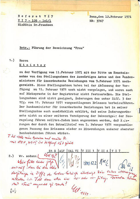 Betrifft: Führung der Bezeichnung "Frau".  Vorlage von Dr. Dorothea Frandsen vom 12. Feb. 1971 an den Bundesminister des Innern
