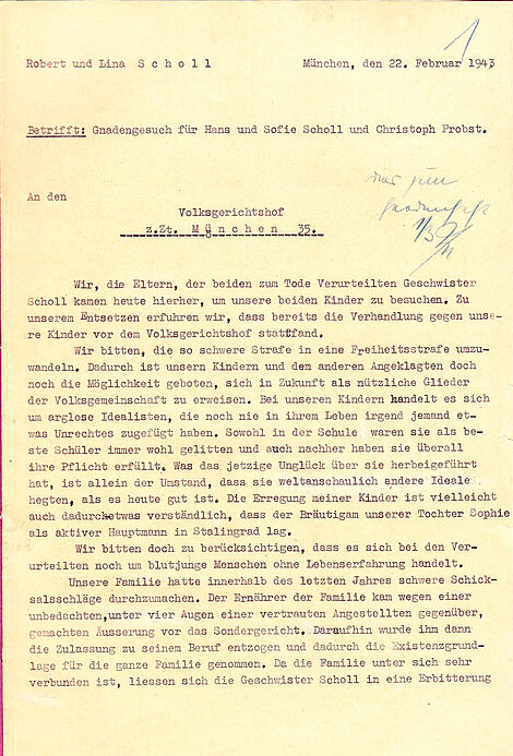 >Gnadengesuch der Eltern und des Bruders Werner vom 22.2.1943