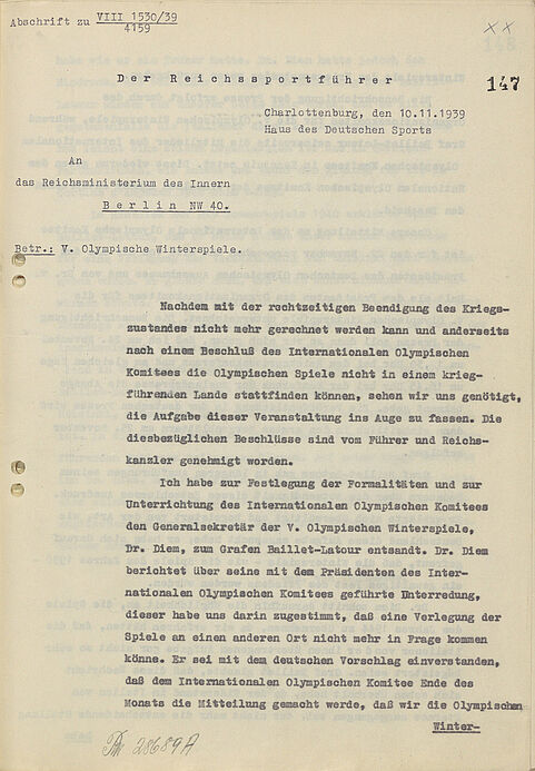 Schreiben des Reichssportführers Hans von Tschammer und Osten an das Reichsministerium des Innern vom 10. November 1939