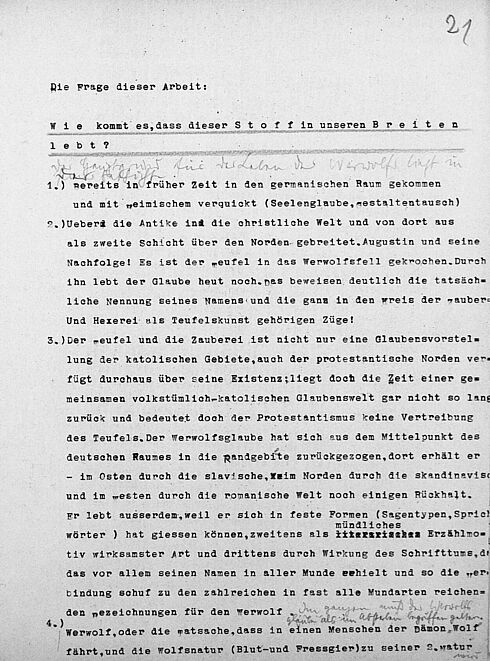 Ausgangsfragestellung der Dissertation „Der Werwolf.- Sein Wesen und sein Weg.- Eine Untersuchung zum deutschen Volksglauben" von Kurt Speth, 1939 