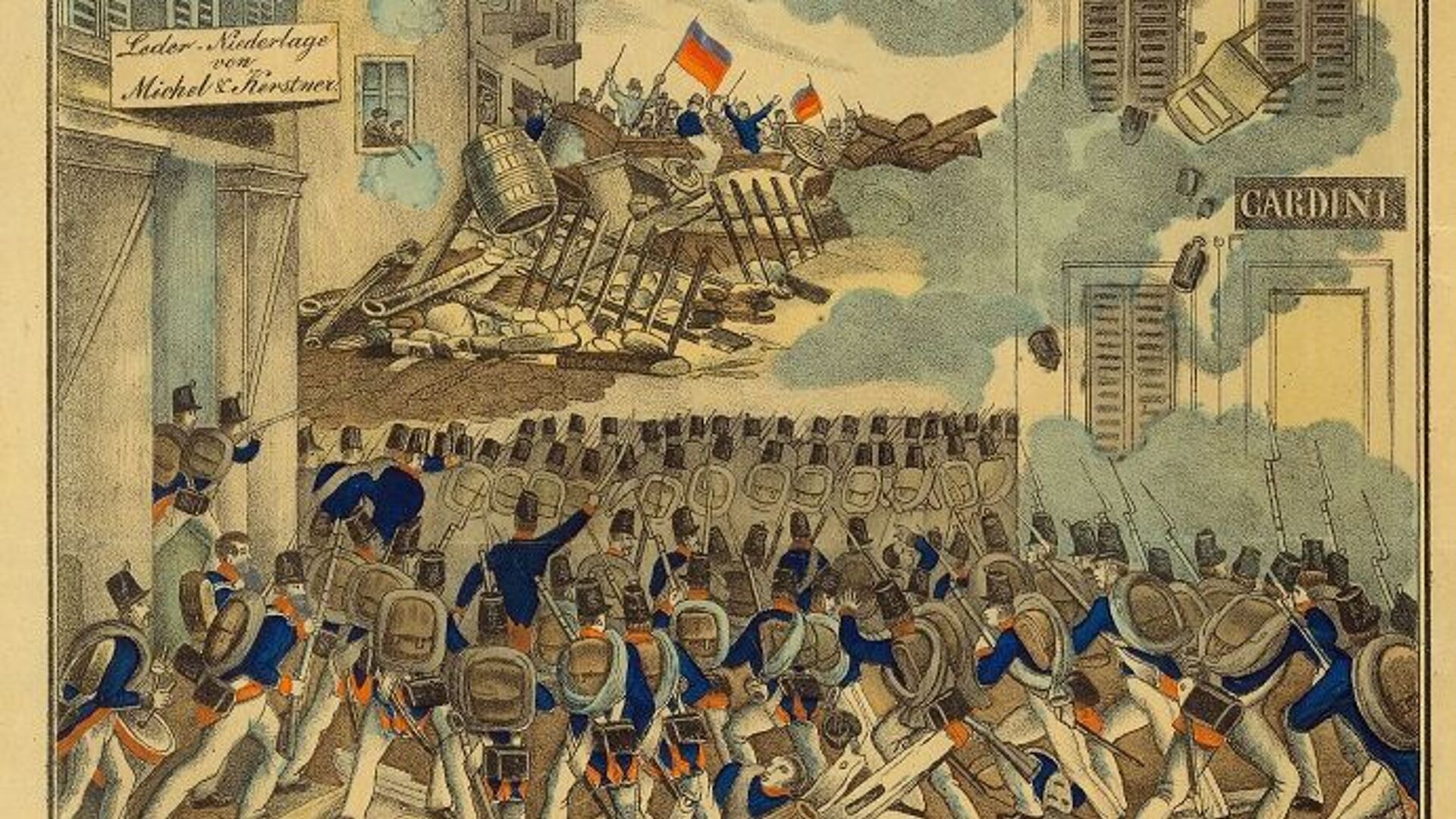 Erstürmung der Barrikade in der Toengesgasse in Frankfurt am 18. September 1848 Kolorierte Lithografie, die Straßenkämpfe zwischen österreichischen Truppen und Revolutionären aus Frankfurt am Main in der Töngesgasse zeigt