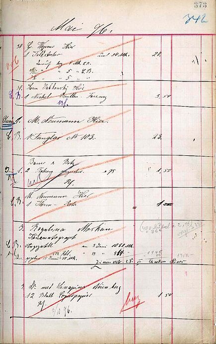 Seite des Geschäftsbuches mit dem Verkauf des ersten deutschen Kinoprojektors