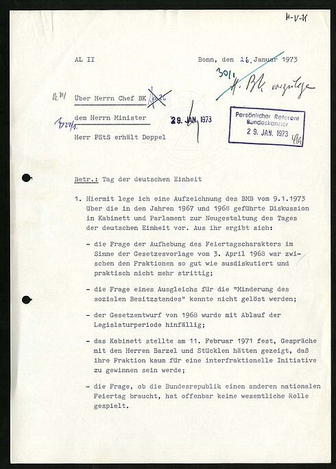 Erste Seite des Vermerks des Ministerialdirektors Dr. Sanne im Bundeskanzleramt vom 26. Januar 1973