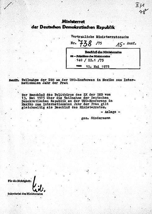 Scan des Beschlussdokumentes zur Teilnahme der DDR an der UNO-Konferenz in Mexiko inklusive der Ziele der DDR bei dieser Konferenz.