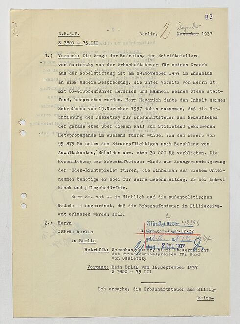 Vermerk des Reichsfinanzministeriums zur Besteuerung des Friedensnobelpreises für Carl von Ossietzky
