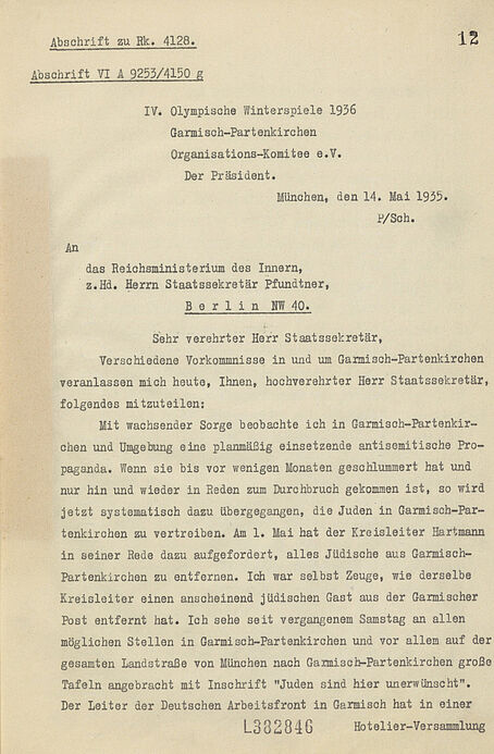 Karl Ritter von Halt, Präsident des Organisationskomitees der Winterspiele, in einem Schreiben an das Reichsinnenministerium vom 14. Mai 1935