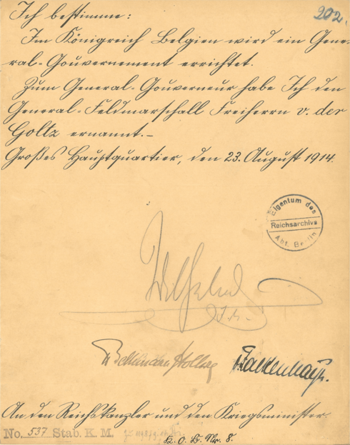 Befehl Kaiser Wilhelms II. zur Errichtung eines General-Gouvernements im eroberten Königreich Belgien, 1914
