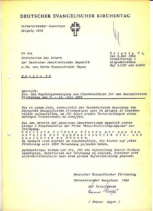 Antrag zur Genehmigung für die Ein- und Ausfuhr von Glockenstühlen, 5. Mai 1954