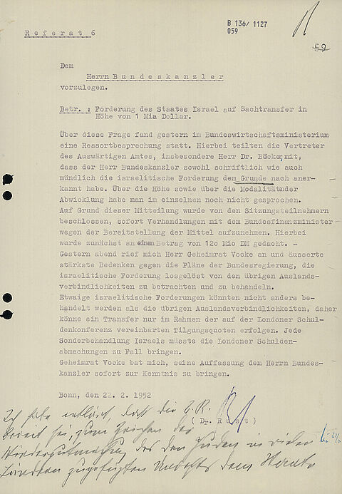 Maschinengeschriebener Brief mit händischer Unterschrift und handschriftlichem Kommentar am unteren Rand