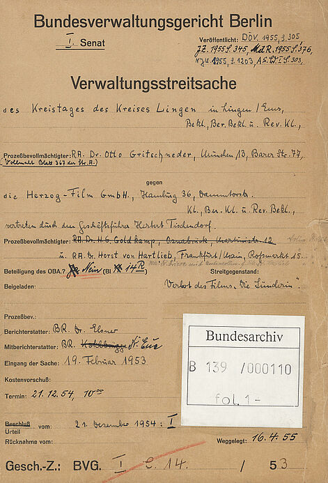 Akteneinband des Bundesverwaltungsgerichts zum Verfahren gegen das Verbot des Films „Die Sünderin“ mit Hildegard Knef, 1955 An den Rändern beschädigter Akteneinband mit handschriftlich ausgefülltem Formular auf dem Deckel