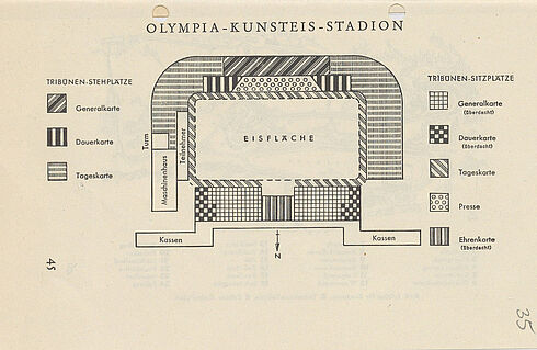 Zeichnung des Kunsteis-Stadions aus einem Programmheft zu den Olympischen Spielen, herausgegeben vom Organisationskomitee