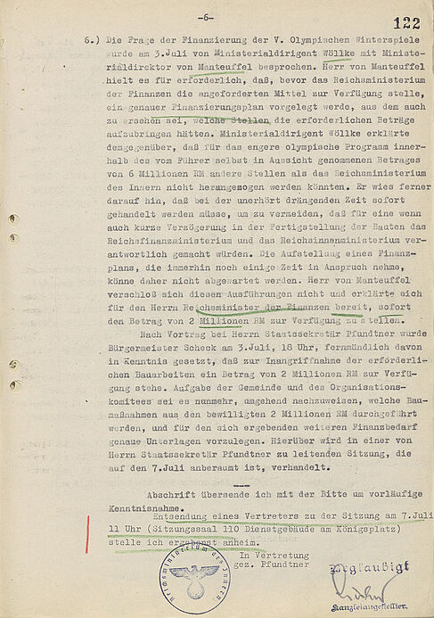Abschrift des Protokolls der Gründungssitzung für die geplanten Olympischen Winterspiele 1940 in Garmisch-Partenkirchen